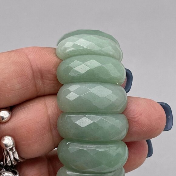 Faceted Green Aventurine Stone Stretchy Cuff Bracelet - Picture 7 of 11